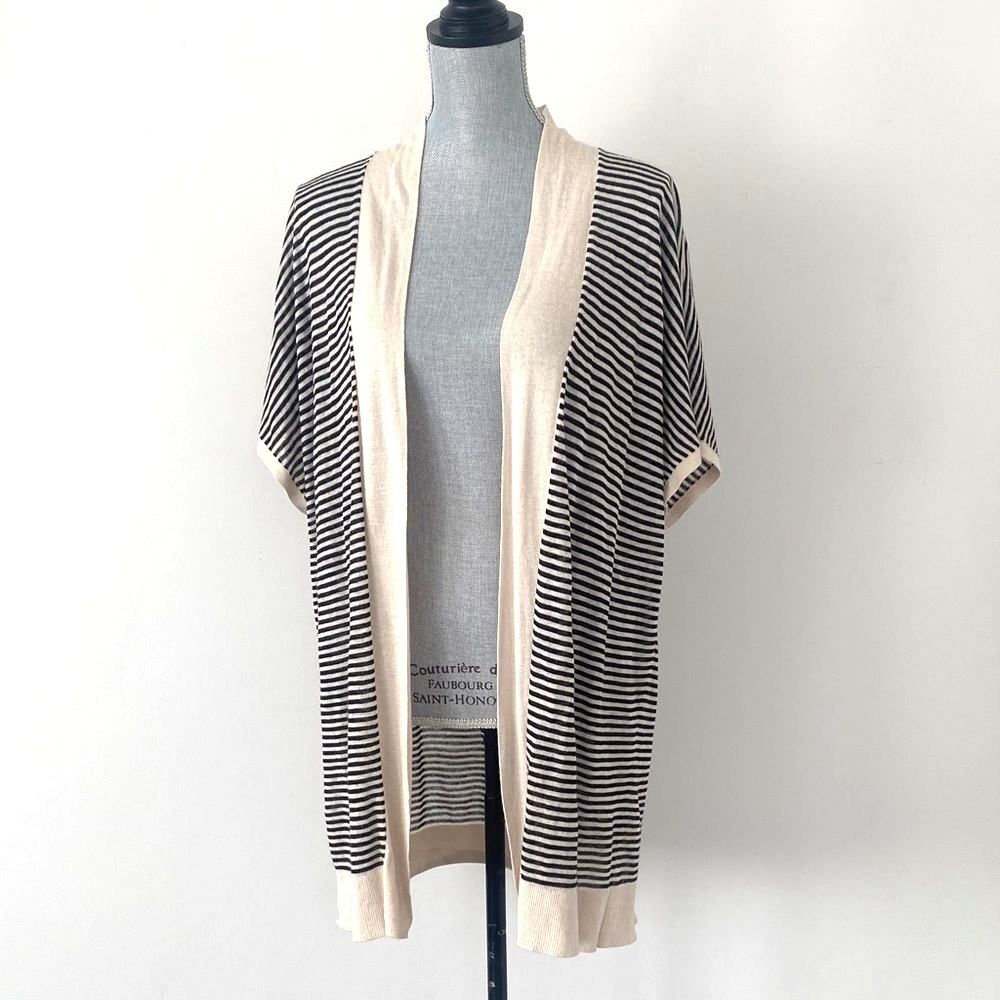 LOFT Striped Open Front Cardigan Sz M Black & Cream Lightweight Layering Office